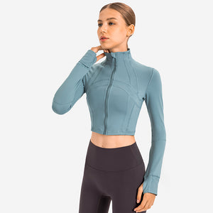 Womens Gym Tops Long Sleeve Sports Fitness Workout Yoga Crop Tops Ladies Running full Zip Breathable Activewear with Thumb Holes