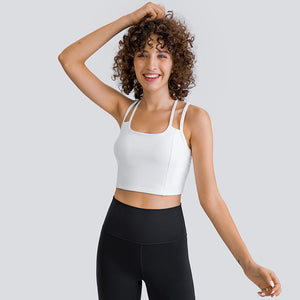 MAYLIFY Women's Medium Support Sports Bra Strappy Back Wirefree Removable Cups Longline Yoga Crop Top Bra