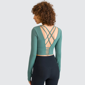 Womens Sports Crop Top Long Sleeve Yoga Workout Fitness Running Strappy Padded Shirts with Thumb Hole