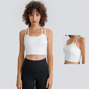 MAYLIFY Women's Medium Support Sports Bra Strappy Back Wirefree Removable Cups Longline Yoga Crop Top Bra