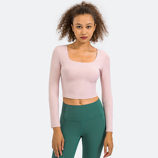 Women's Cropped Long Sleeve Athletic Workout Yoga seamless Shirts Crop Top with double layer
