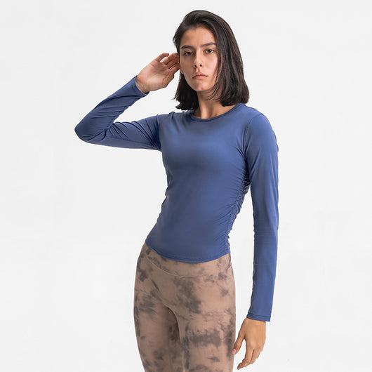 Women's long sleeve round neck sports Running fitness top slim fit breathable yoga cross fold long sleeve