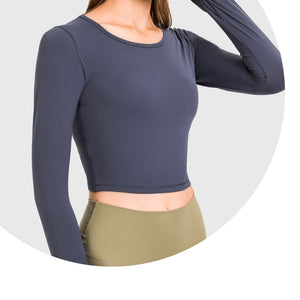 Women's Cropped Long Sleeve Athletic Workout Yoga Shirts Crop Top with Thumb Hole