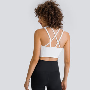 MAYLIFY Women's Medium Support Sports Bra Strappy Back Wirefree Removable Cups Longline Yoga Crop Top Bra