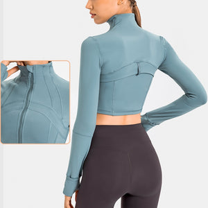 Womens Gym Tops Long Sleeve Sports Fitness Workout Yoga Crop Tops Ladies Running full Zip Breathable Activewear with Thumb Holes