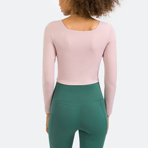 Women's Cropped Long Sleeve Athletic Workout Yoga seamless Shirts Crop Top with double layer