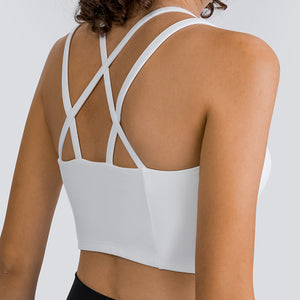 MAYLIFY Women's Medium Support Sports Bra Strappy Back Wirefree Removable Cups Longline Yoga Crop Top Bra