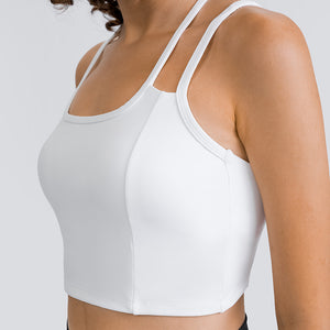 MAYLIFY Women's Medium Support Sports Bra Strappy Back Wirefree Removable Cups Longline Yoga Crop Top Bra