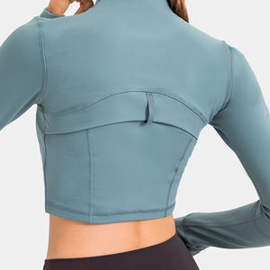 Womens Gym Tops Long Sleeve Sports Fitness Workout Yoga Crop Tops Ladies Running full Zip Breathable Activewear with Thumb Holes
