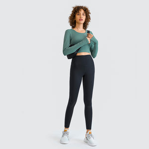 Womens Sports Crop Top Long Sleeve Yoga Workout Fitness Running Strappy Padded Shirts with Thumb Hole