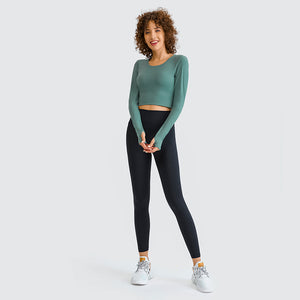 Womens Sports Crop Top Long Sleeve Yoga Workout Fitness Running Strappy Padded Shirts with Thumb Hole
