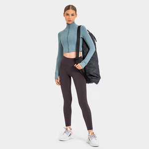 Womens Gym Tops Long Sleeve Sports Fitness Workout Yoga Crop Tops Ladies Running full Zip Breathable Activewear with Thumb Holes