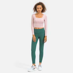 Women's Cropped Long Sleeve Athletic Workout Yoga seamless Shirts Crop Top with double layer