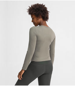Women's long sleeve round neck sports Running fitness top slim fit breathable yoga cross fold long sleeve
