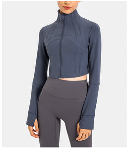 Womens Gym Tops Long Sleeve Sports Fitness Workout Yoga Crop Tops Ladies Running full Zip Breathable Activewear with Thumb Holes