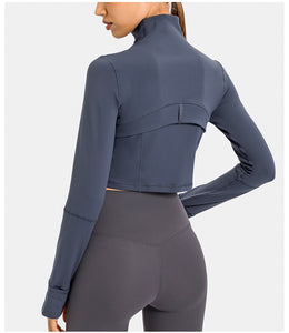 Womens Gym Tops Long Sleeve Sports Fitness Workout Yoga Crop Tops Ladies Running full Zip Breathable Activewear with Thumb Holes
