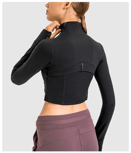 Womens Gym Tops Long Sleeve Sports Fitness Workout Yoga Crop Tops Ladies Running full Zip Breathable Activewear with Thumb Holes