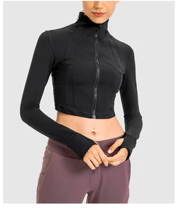 Womens Gym Tops Long Sleeve Sports Fitness Workout Yoga Crop Tops Ladies Running full Zip Breathable Activewear with Thumb Holes