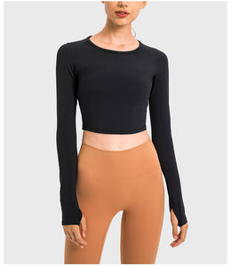 Women's Cropped Long Sleeve Athletic Workout Yoga Shirts Crop Top with Thumb Hole