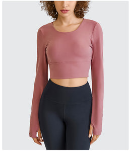 Womens Sports Crop Top Long Sleeve Yoga Workout Fitness Running Strappy Padded Shirts with Thumb Hole