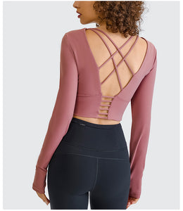 Womens Sports Crop Top Long Sleeve Yoga Workout Fitness Running Strappy Padded Shirts with Thumb Hole