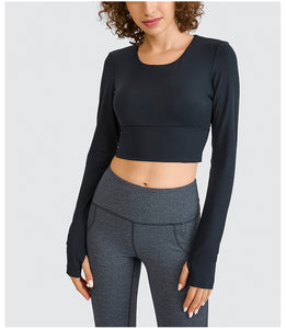 Womens Sports Crop Top Long Sleeve Yoga Workout Fitness Running Strappy Padded Shirts with Thumb Hole