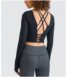 Womens Sports Crop Top Long Sleeve Yoga Workout Fitness Running Strappy Padded Shirts with Thumb Hole