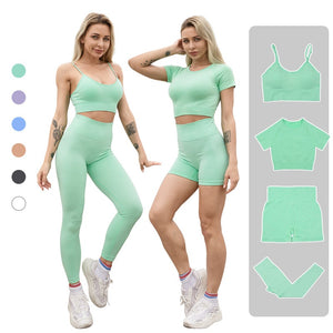 Women's 4 pcs Seamless Workout Outfits Sets Fitness Gym Running Yoga Sportswear 4 Pieces Tracksuit Leggings And Stretch Sports Bra Gym Jumpsuit Clothes Set