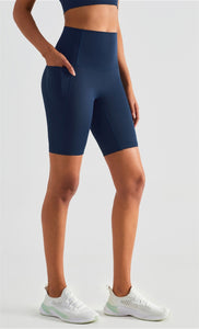 MAYLIFY High Waist Yoga Shorts for Women's Tummy Control Fitness Athletic Workout Running Shorts with Deep Pockets