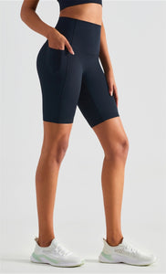 MAYLIFY High Waist Yoga Shorts for Women's Tummy Control Fitness Athletic Workout Running Shorts with Deep Pockets